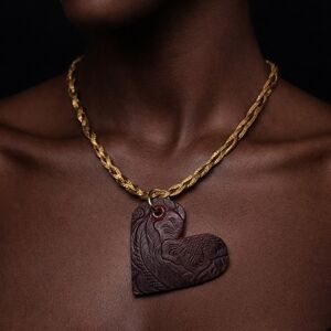 Intricate Gold and Brown Heart Pendant Necklace